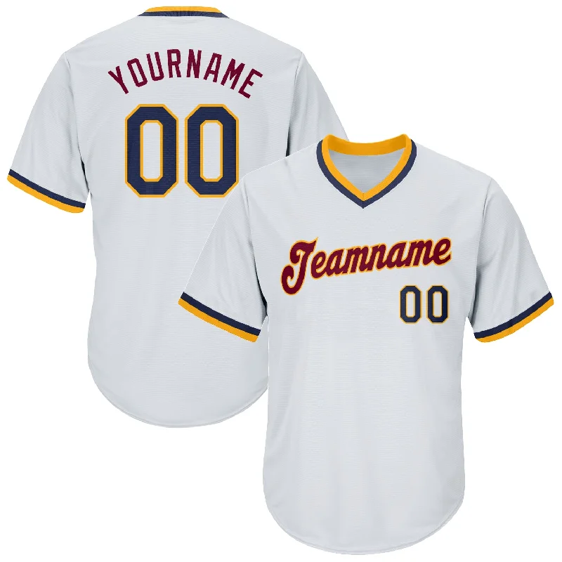 One Size White Navy-Gold Authentic Throwback Rib-Knit Baseball Jersey Shirt