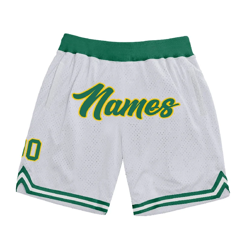 One Size White Kelly Green-Gold Authentic Throwback Basketball Shorts