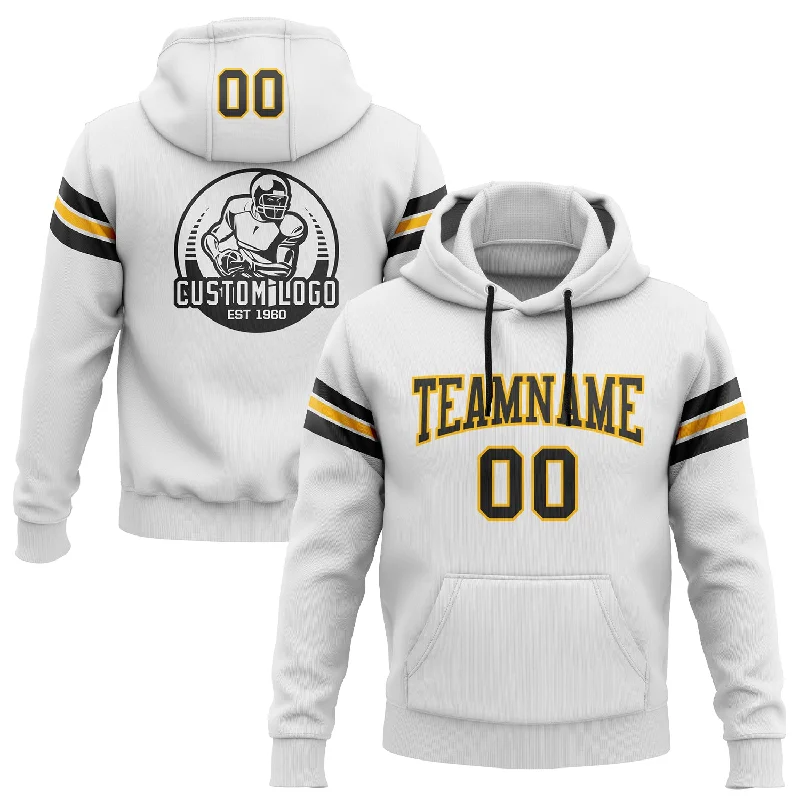 One Size Stitched White Black-Gold Football Pullover Sweatshirt Hoodie