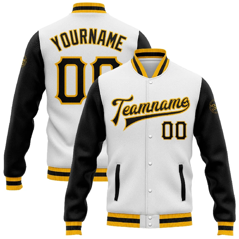 One Size White Black-Gold Bomber Full-Snap Varsity Letterman Two Tone Jacket