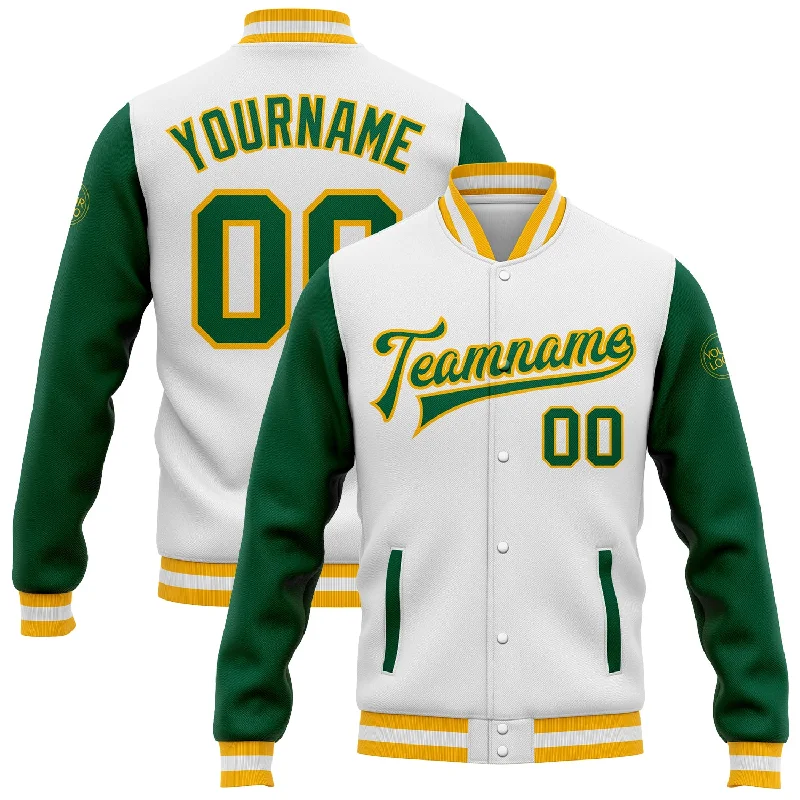 One Size White Kelly Green-Gold Bomber Full-Snap Varsity Letterman Two Tone Jacket