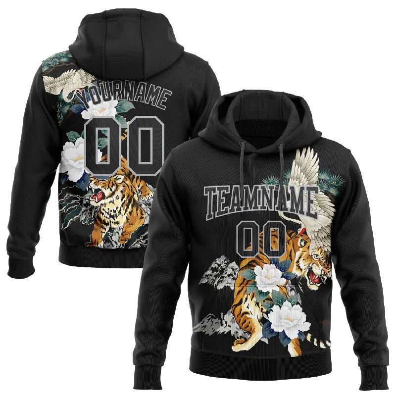 One Size Stitched Black Gray 3D Pattern Design Crane And Tiger Sports Pullover Sweatshirt Hoodie