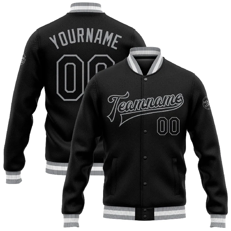 One Size Black Black-Gray Bomber Full-Snap Varsity Letterman Jacket