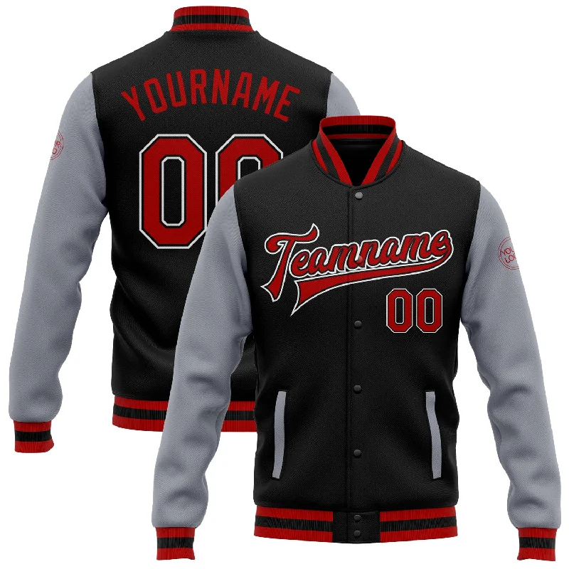 One Size Black Red-Gray Bomber Full-Snap Varsity Letterman Two Tone Jacket