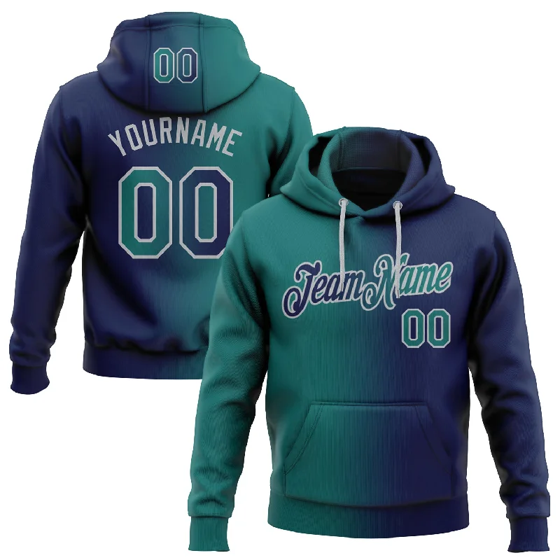 One Size Stitched Navy Teal-Gray Gradient Fashion Sports Pullover Sweatshirt Hoodie