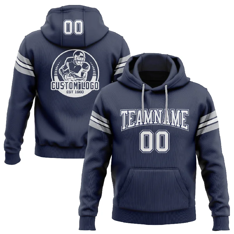 One Size Stitched Navy White-Gray Football Pullover Sweatshirt Hoodie