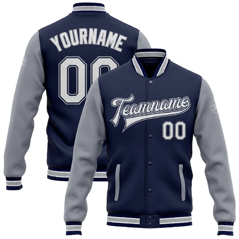 One Size Navy White-Gray Bomber Full-Snap Varsity Letterman Two Tone Jacket