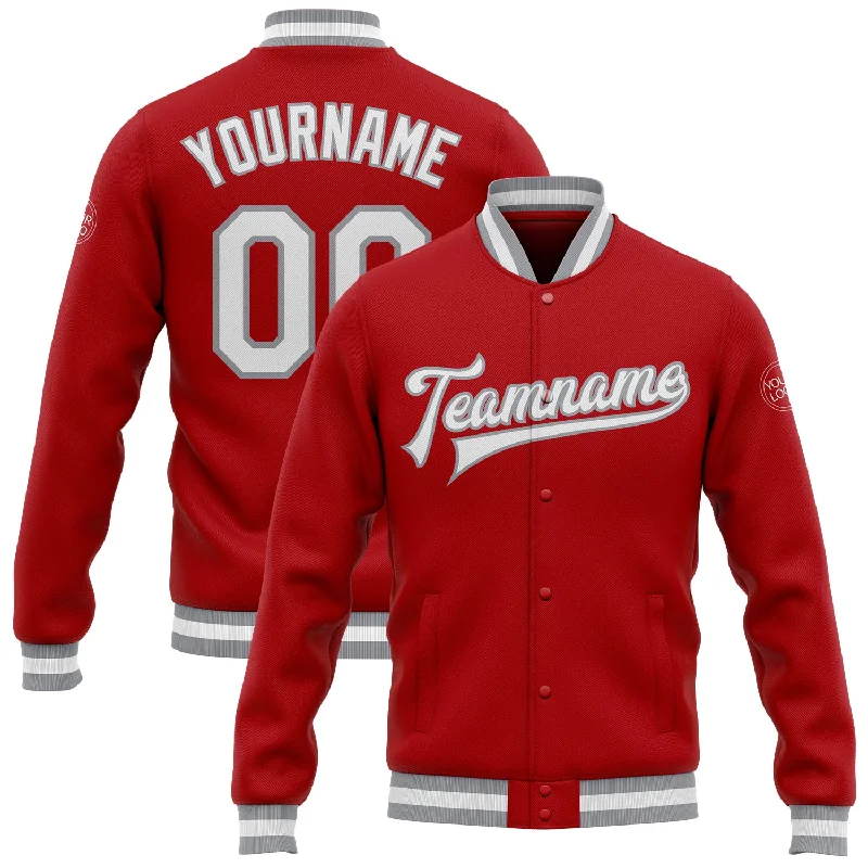 One Size Red White-Gray Bomber Full-Snap Varsity Letterman Jacket