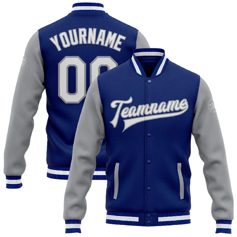 One Size Royal White-Gray Bomber Full-Snap Varsity Letterman Two Tone Jacket