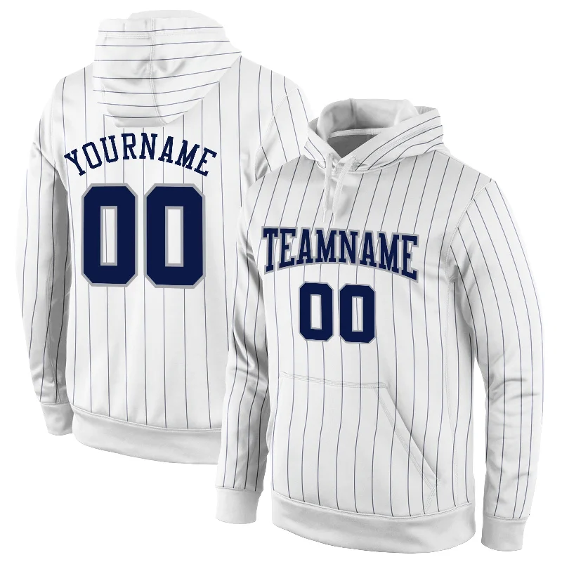 One Size Stitched White Navy Pinstripe Navy-Gray Sports Pullover Sweatshirt Hoodie