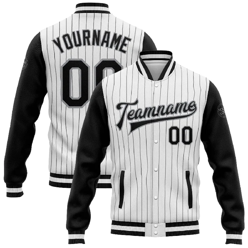 One Size White Black Pinstripe Black-Gray Bomber Full-Snap Varsity Letterman Two Tone Jacket