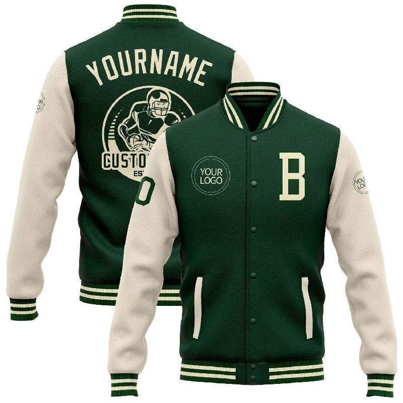 One Size Green Cream Bomber Full-Snap Varsity Letterman Two Tone Jacket