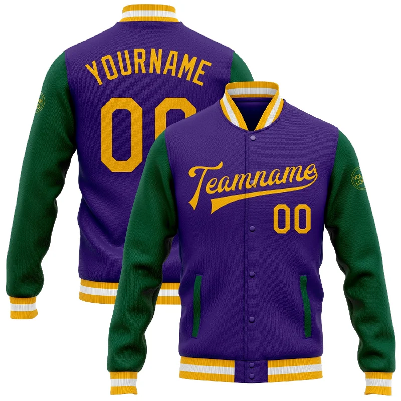 One Size Purple Gold-Kelly Green Bomber Full-Snap Varsity Letterman Two Tone Jacket