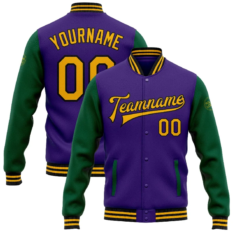 One Size Purple Gold-Kelly Green Bomber Full-Snap Varsity Letterman Two Tone Jacket