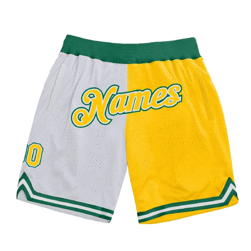 One Size White Gold-Kelly Green Authentic Throwback Split Fashion Basketball Shorts