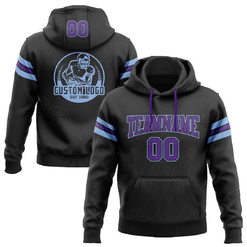 One Size Stitched Black Purple-Light Blue Football Pullover Sweatshirt Hoodie