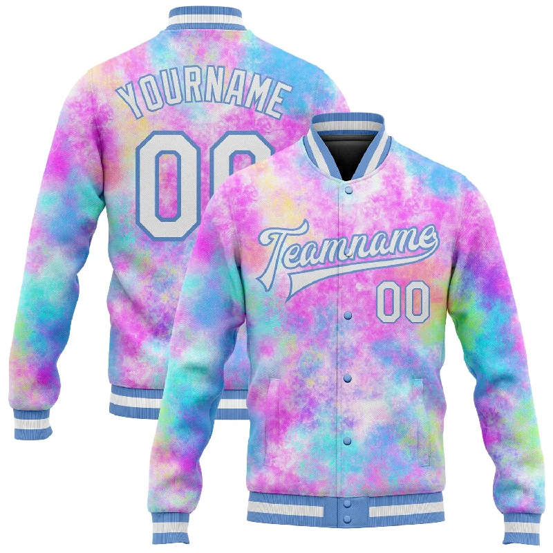 One Size Tie Dye White-Light Blue Rainbow 3D Bomber Full-Snap Varsity Letterman Jacket