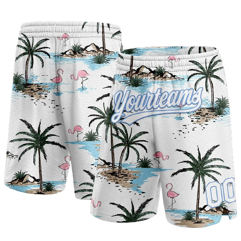 One Size White Light Blue 3D Pattern Hawaii Palm Trees Authentic Basketball Shorts