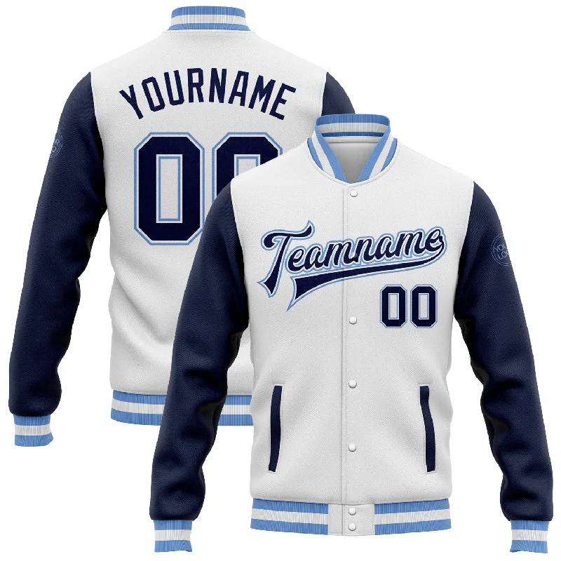 One Size White Navy-Light Blue Bomber Full-Snap Varsity Letterman Two Tone Jacket