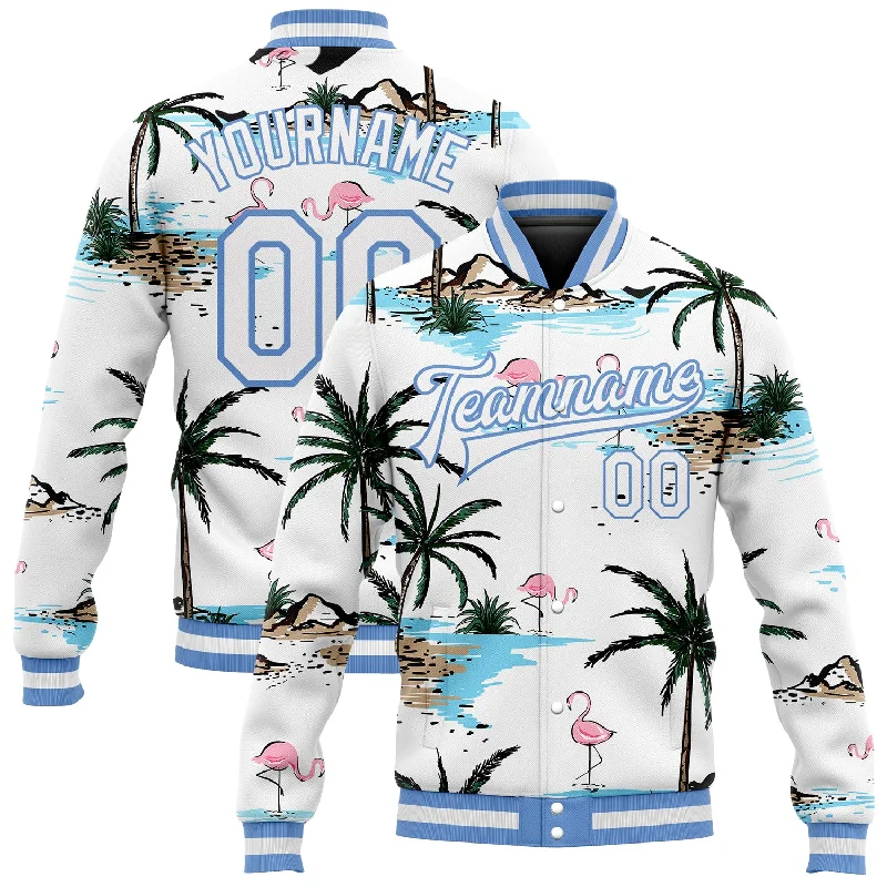 One Size White White-Light Blue Hawaii Palm Trees And Flamingo 3D Bomber Full-Snap Varsity Letterman Jacket