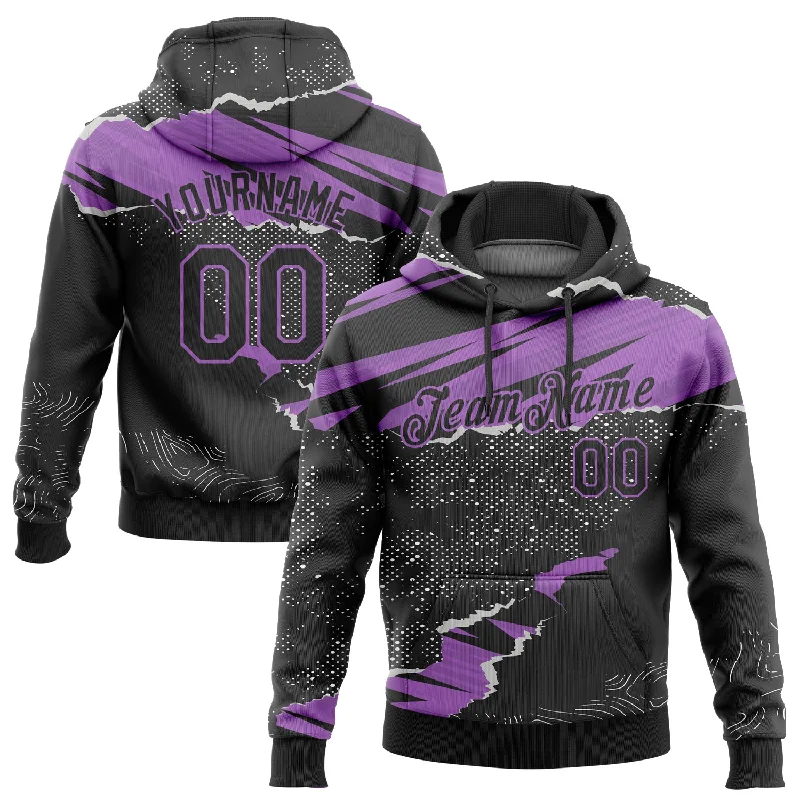 One Size Stitched Black Medium Purple 3D Pattern Design Torn Paper Style Sports Pullover Sweatshirt Hoodie