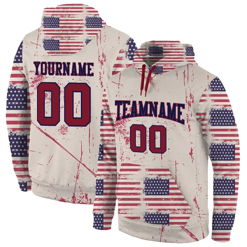 One Size Stitched Cream Crimson-Navy 3D American Flag Fashion Sports Pullover Sweatshirt Hoodie