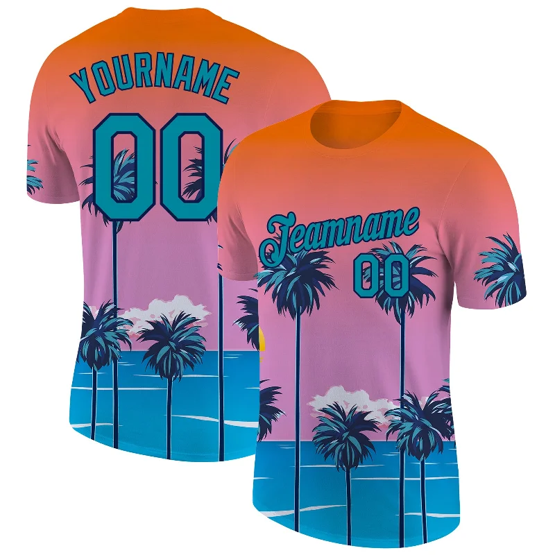 One Size Orange Teal-Navy 3D Pattern Design Sun Beach Hawaii Palm Trees Performance T-Shirt