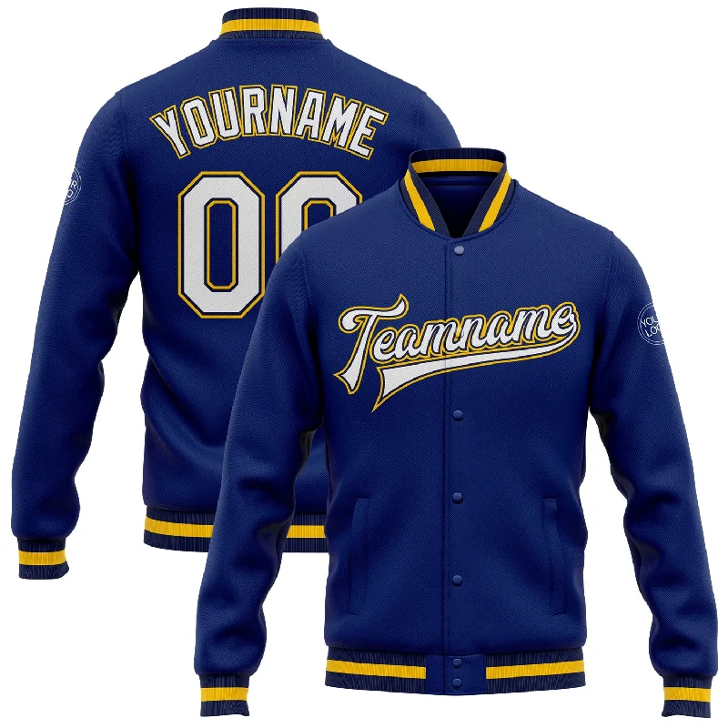 One Size Royal White Navy-Gold Bomber Full-Snap Varsity Letterman Jacket