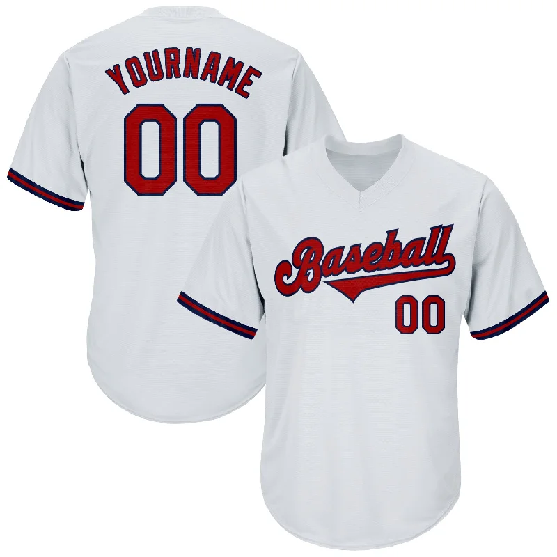 One Size White Red-Navy Authentic Throwback Rib-Knit Baseball Jersey Shirt