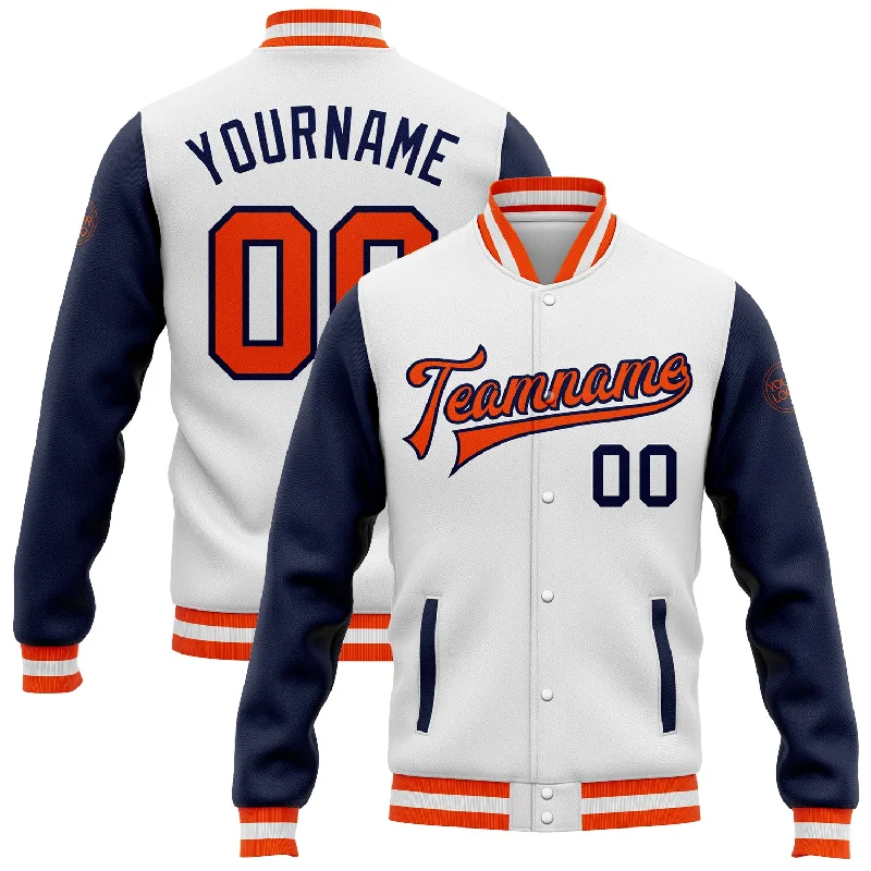 One Size White Orange-Navy Bomber Full-Snap Varsity Letterman Two Tone Jacket