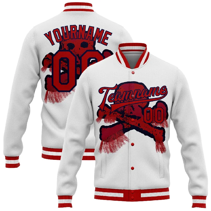 One Size White Red-Navy Skull Fashion 3D Bomber Full-Snap Varsity Letterman Jacket