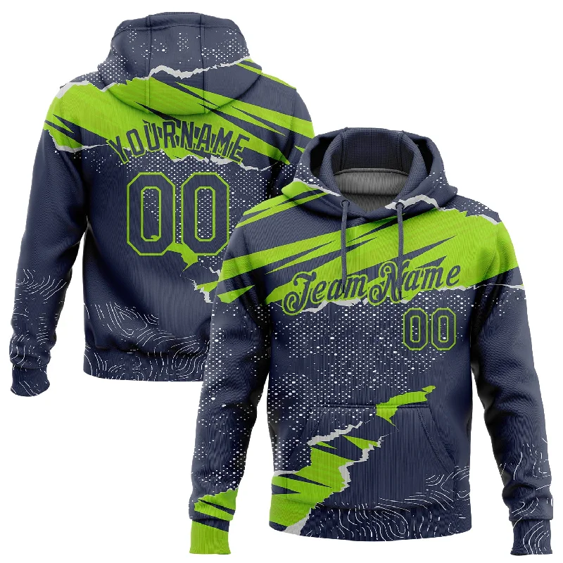 One Size Stitched Navy Neon Green 3D Pattern Design Torn Paper Style Sports Pullover Sweatshirt Hoodie