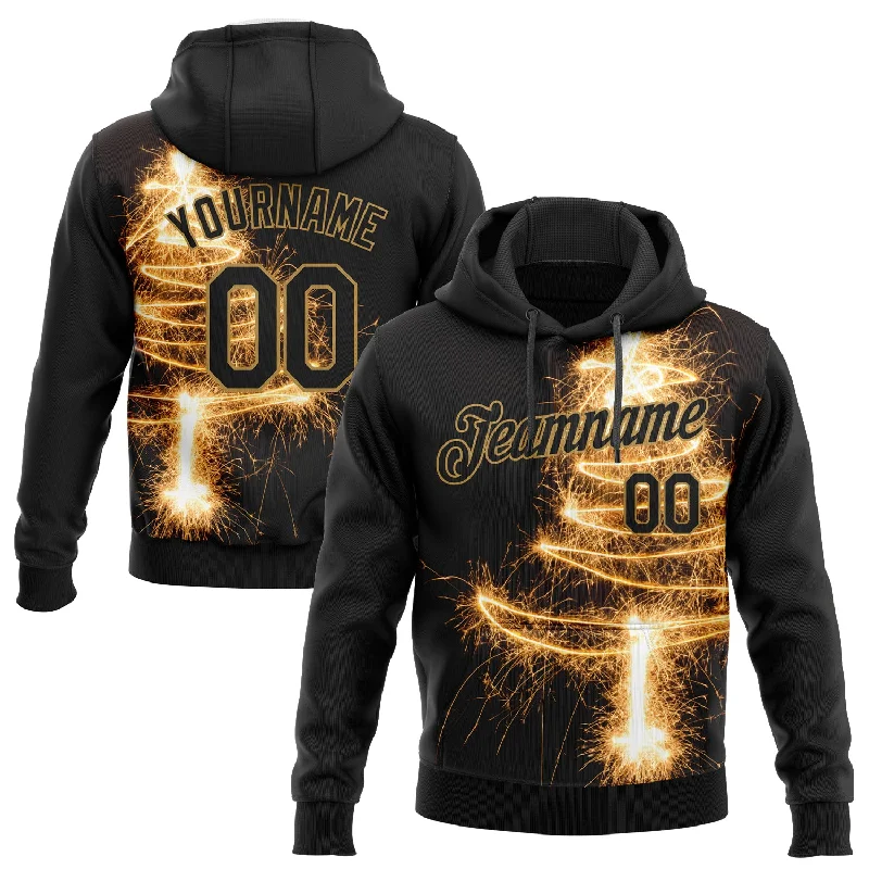 One Size Stitched Black Black Old Gold-Gold 3D Christmas Tree Fireworks Sports Pullover Sweatshirt Hoodie