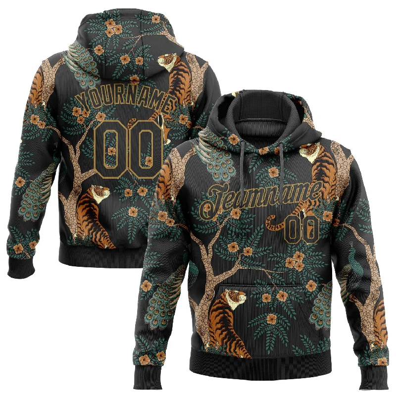 One Size Stitched Black Black-Old Gold 3D Pattern Design Tiger And Peacock Sports Pullover Sweatshirt Hoodie