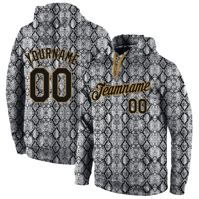 One Size Stitched Black Black-Old Gold 3D Pattern Design Snakeskin Sports Pullover Sweatshirt Hoodie