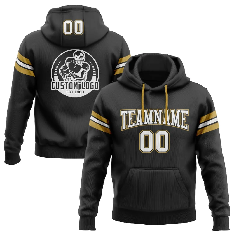 One Size Stitched Black White-Old Gold Football Pullover Sweatshirt Hoodie