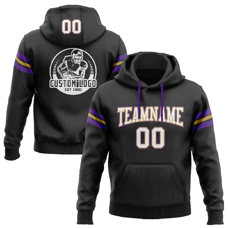 One Size Stitched Black White Old Gold-Purple Football Pullover Sweatshirt Hoodie