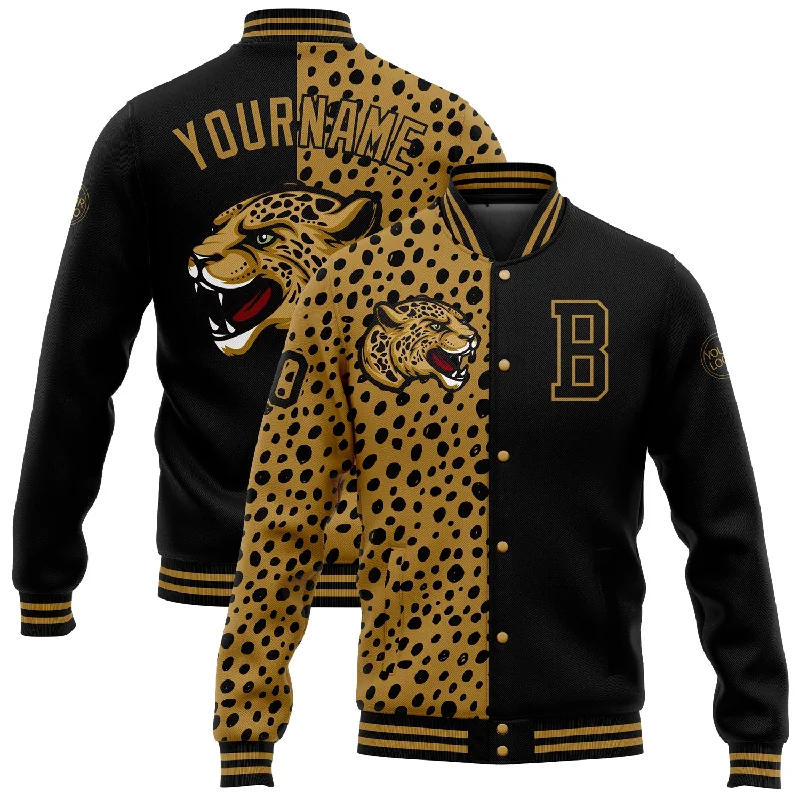 One Size Black Old Gold Leopard Print 3D Pattern Design Bomber Full-Snap Varsity Letterman Jacket