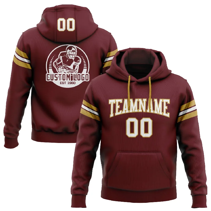 One Size Stitched Burgundy White-Old Gold Football Pullover Sweatshirt Hoodie