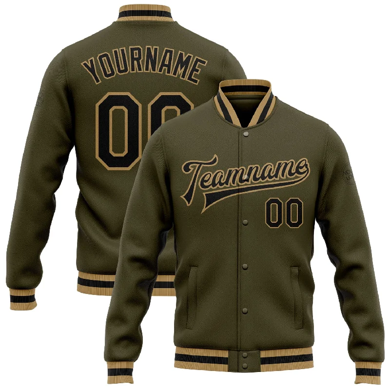 One Size Olive Black-Old Gold Bomber Full-Snap Varsity Letterman Salute To Service Jacket