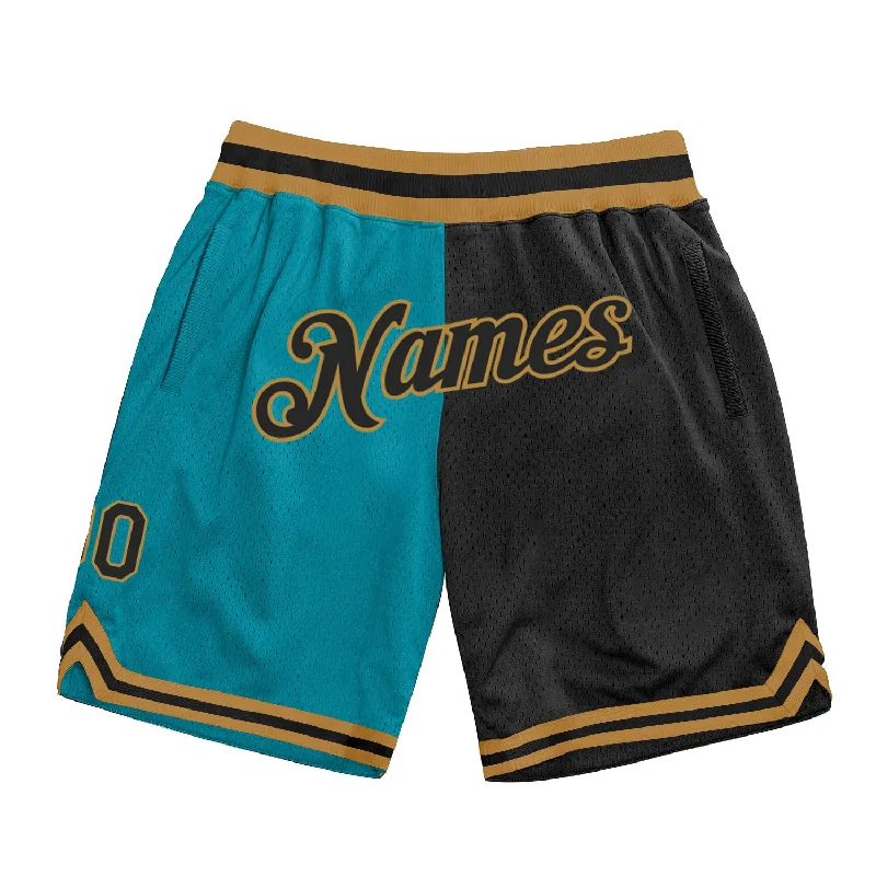 One Size Teal Black-Old Gold Authentic Throwback Split Fashion Basketball Shorts