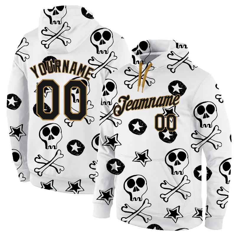 One Size Stitched White Black-Old Gold 3D Skull Fashion Sports Pullover Sweatshirt Hoodie