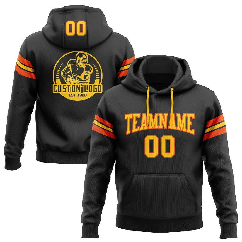 One Size Stitched Black Yellow-Orange Football Pullover Sweatshirt Hoodie