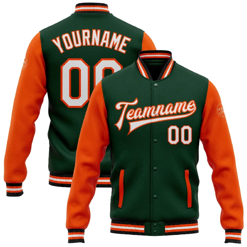 One Size Green White Orange-Black Bomber Full-Snap Varsity Letterman Two Tone Jacket