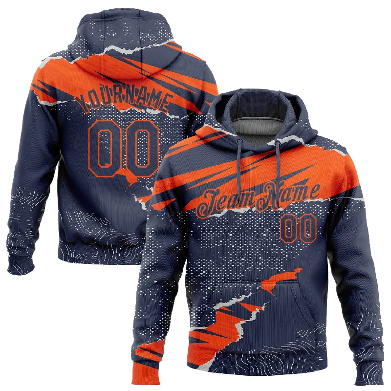 One Size Stitched Navy Orange 3D Pattern Design Torn Paper Style Sports Pullover Sweatshirt Hoodie