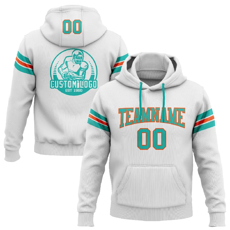 One Size Stitched White Aqua-Orange Football Pullover Sweatshirt Hoodie