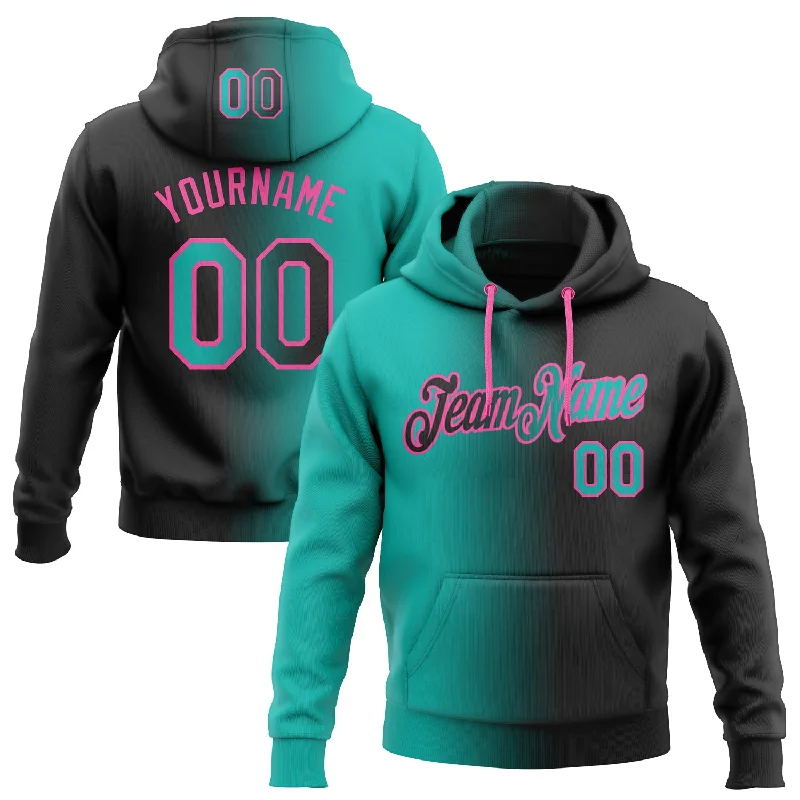 One Size Stitched Black Aqua-Pink Gradient Fashion Sports Pullover Sweatshirt Hoodie