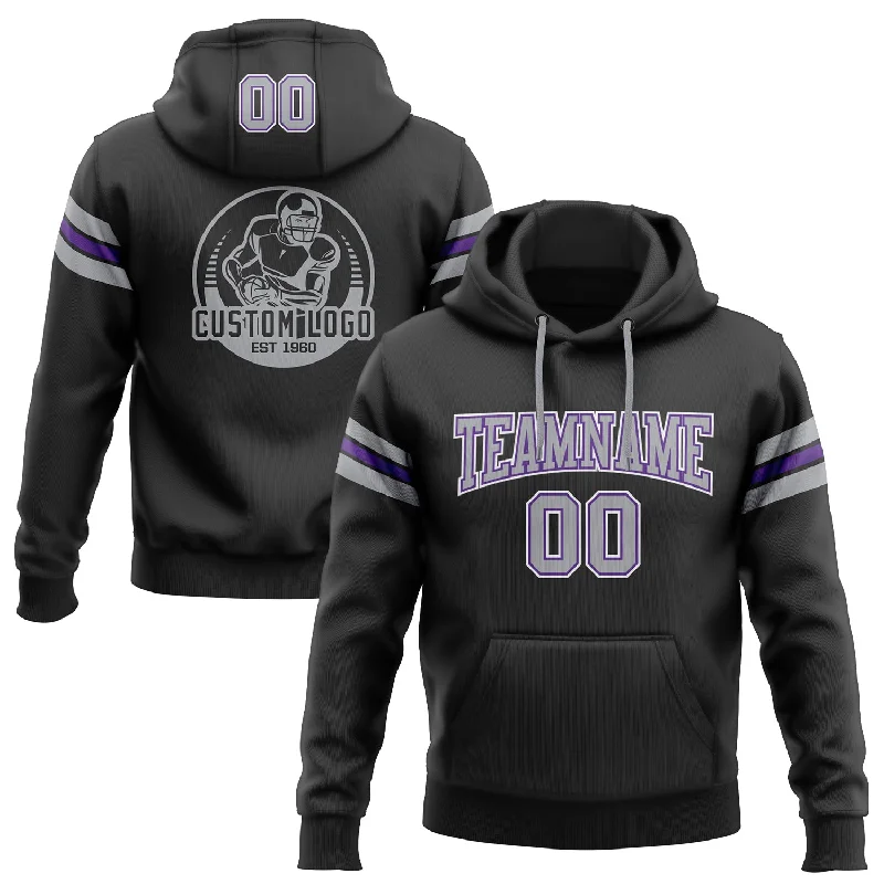 One Size Stitched Black Gray-Purple Football Pullover Sweatshirt Hoodie