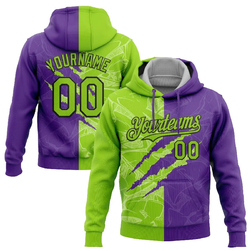 One Size Stitched Graffiti Pattern Neon Green Purple-Black 3D Scratch Sports Pullover Sweatshirt Hoodie