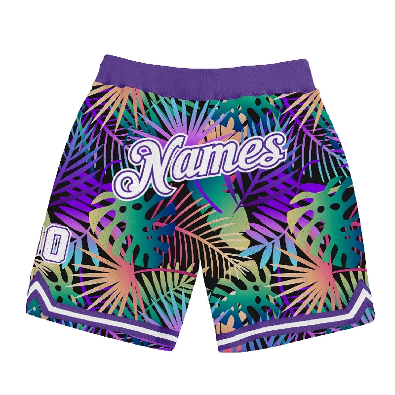 One Size Purple White-Purple 3D Pattern Design Tropical Palm Leaves Authentic Basketball Shorts